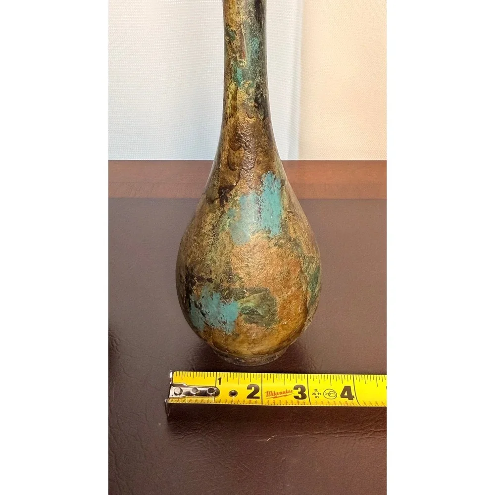 Vintage Japanese Style Patinated Bronze Solifleur Bud Vase Set Verdigris MCM